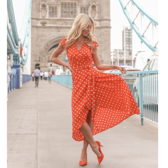 polka dot handkerchief wrap midi dress